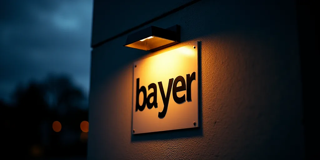 a sign that is on the side of a building that says bayer and is illuminated by a light, Bettina Hein