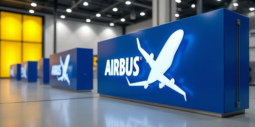 a sign that says airbus on it in a building with a yellow and blue background and a white logo, Albe