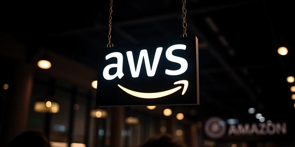 a sign that says aws hanging from the ceiling of a building with lights around it and a logo that sa