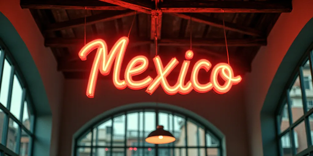 a sign that says mexico on it in a building with windows and a ceiling fan in the background of the