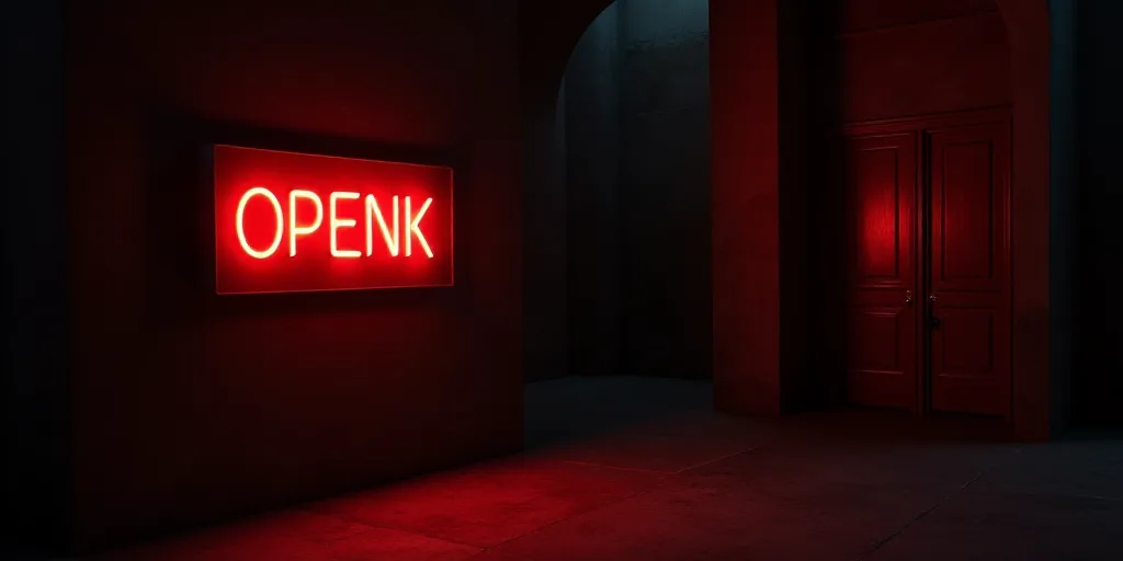 a sign that says open bank on it's side of a wall in a dark room with a red light, Adriaen Isenbrant