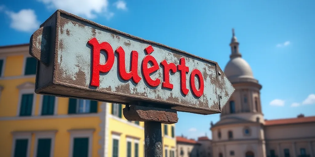 a sign that says puerto in front of a building with a dome in the background and a blue sky, Art & L