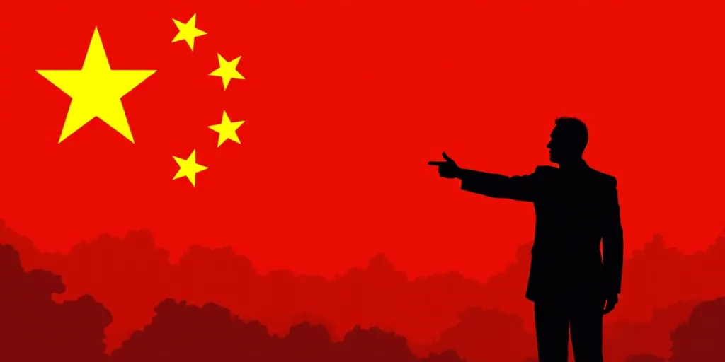 a silhouette of a man pointing at a china flag with a red background with yellow stars and a red and