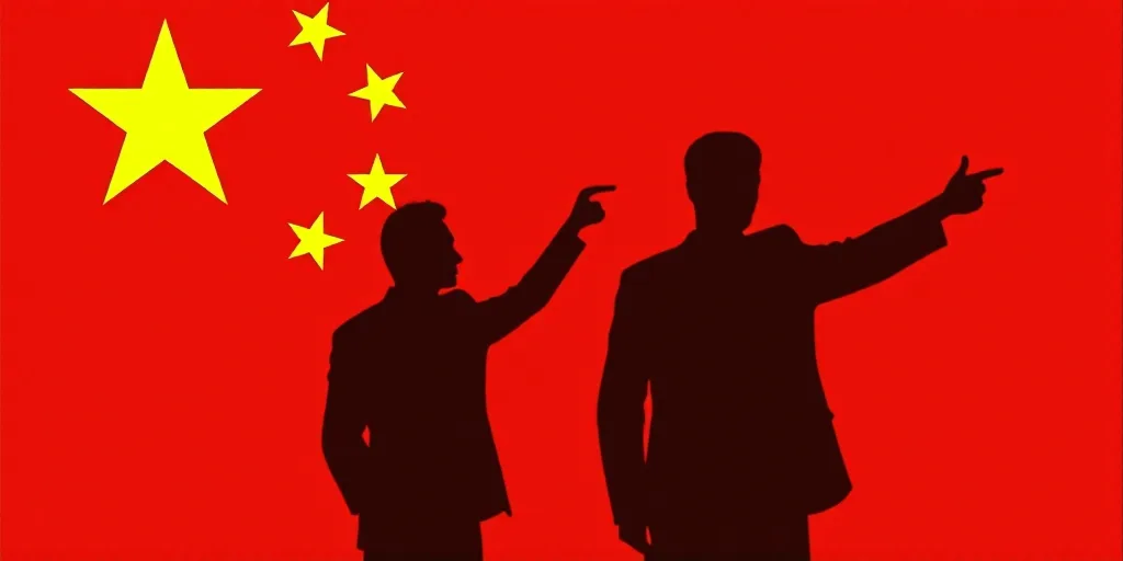 a silhouette of a man pointing at a china flag with a red background with yellow stars and a red and