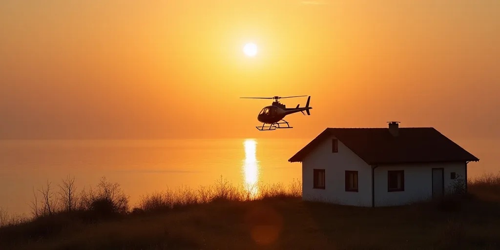 a small helicopter flying over a body of water at sunset or dawn with a house in the foreground, Dah