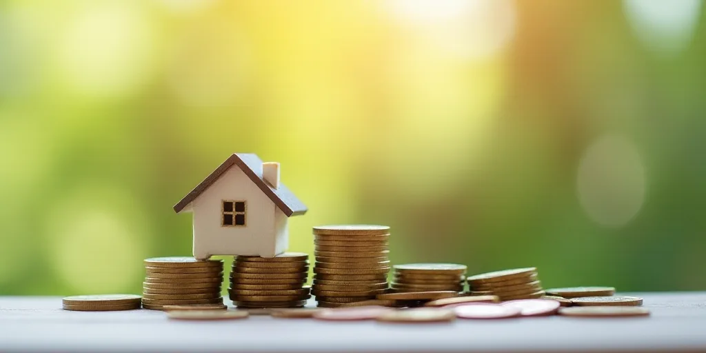 a small house sitting on top of a pile of coins next to a pile of coins with a house on top of it, A
