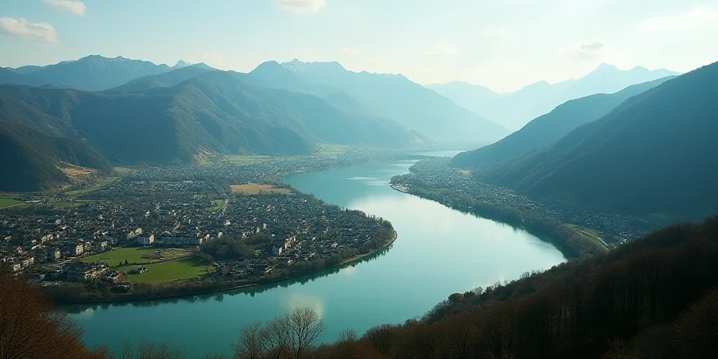 a small town is surrounded by a river and mountains in the distance, with a lake in the foreground,