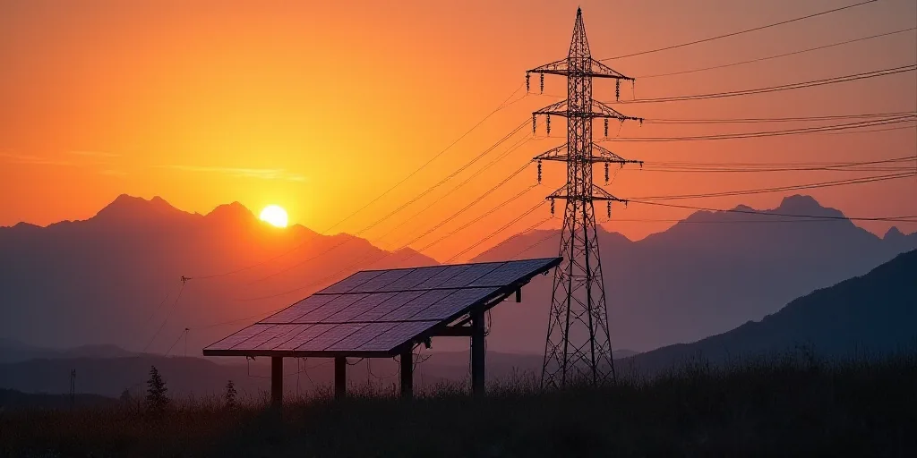 a solar panel and power lines at sunset with the sun setting behind it and mountains in the backgrou