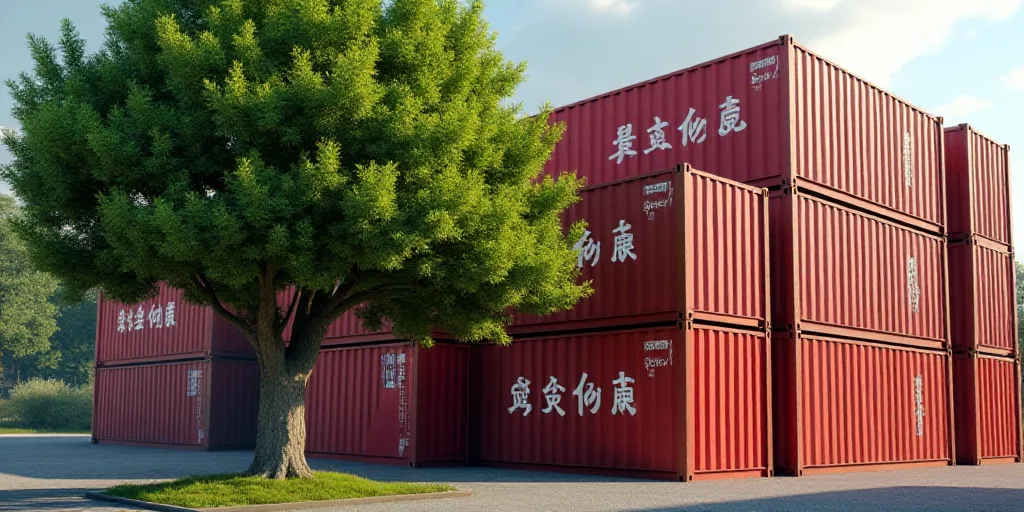a stack of cargo containers with chinese writing on them and a tree in front of them, with a green l