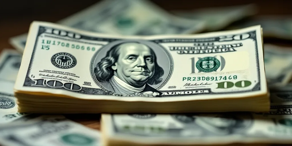 a stack of twenty dollar bills with a man's face on top of it and a few bills below, Benjamin Frankl