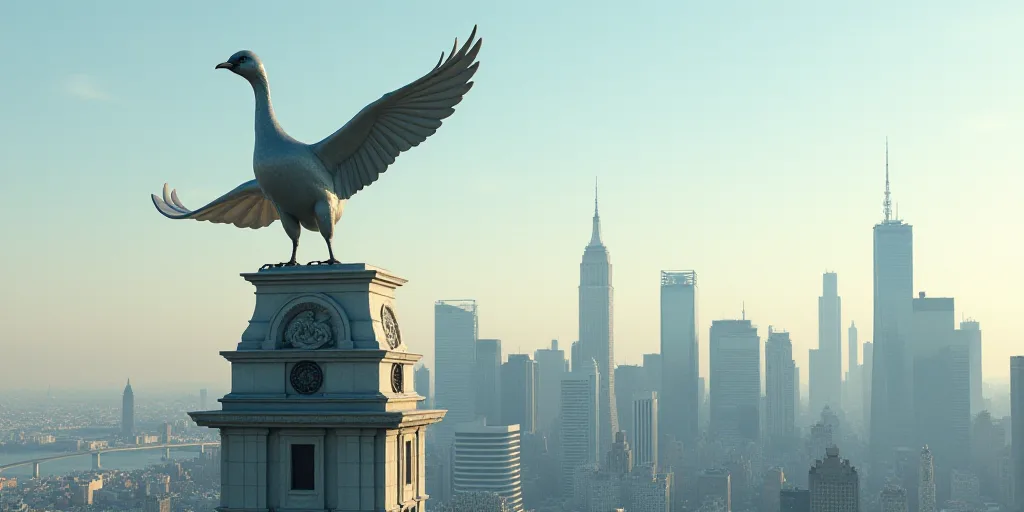 a statue of a bird on top of a building with a wave sign above it and a cityscape in the background,