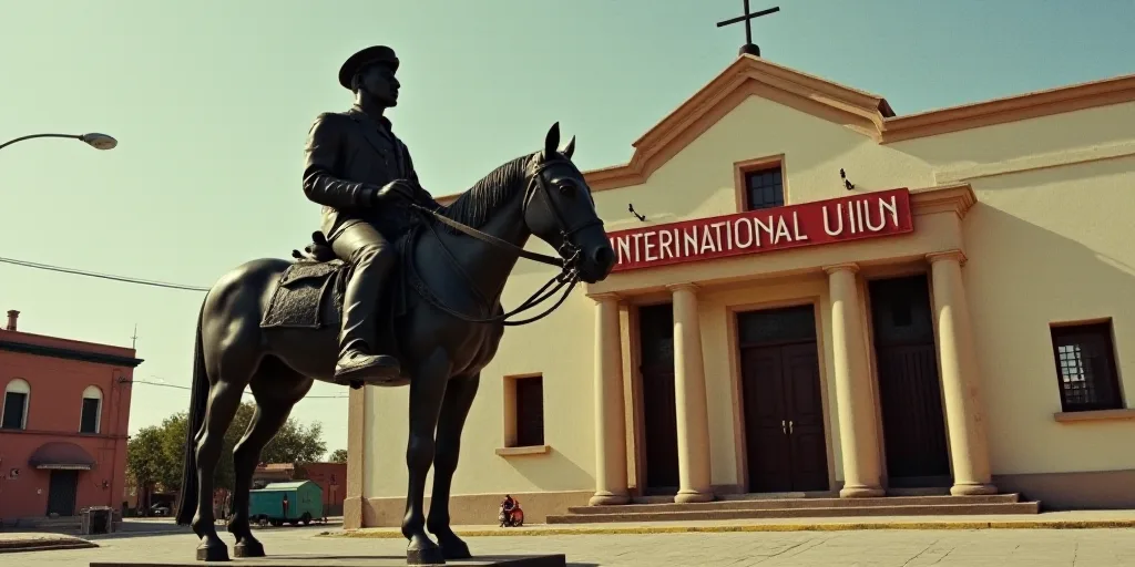 a statue of a man on a horse in front of a building with a sign that says international union, David