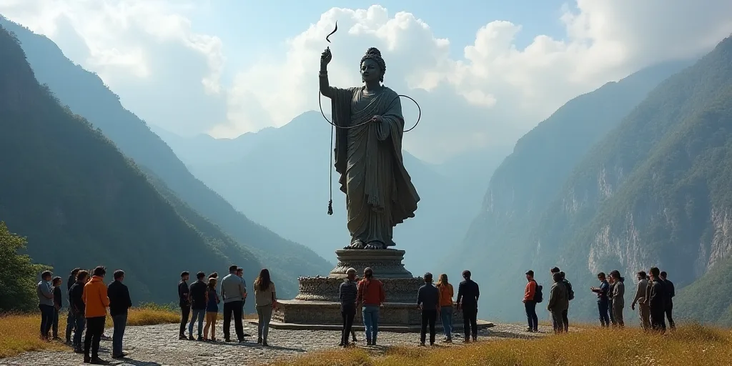 a statue of a person holding a snake in a circle of people standing around it in front of a mountain