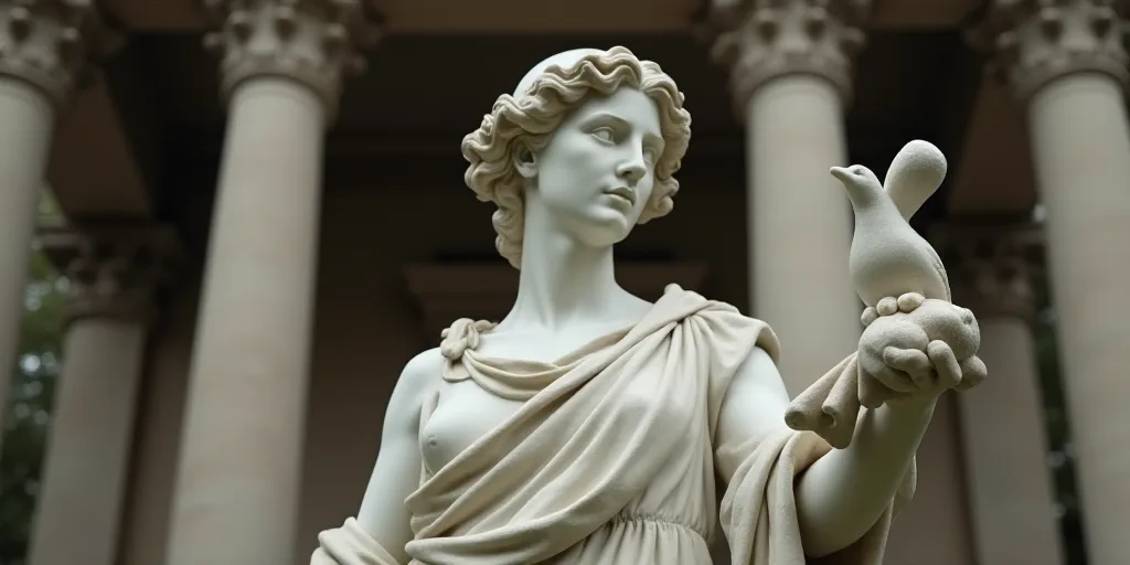 a statue of a woman holding a bird in front of a building with columns and pillars on either side, F