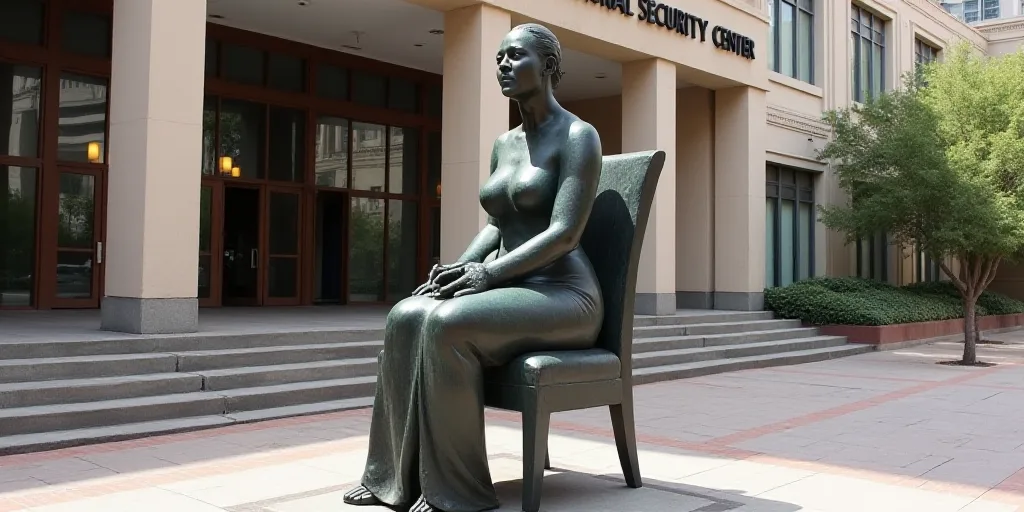 a statue of a woman sitting on a chair in front of a building with a sign that says the national sec