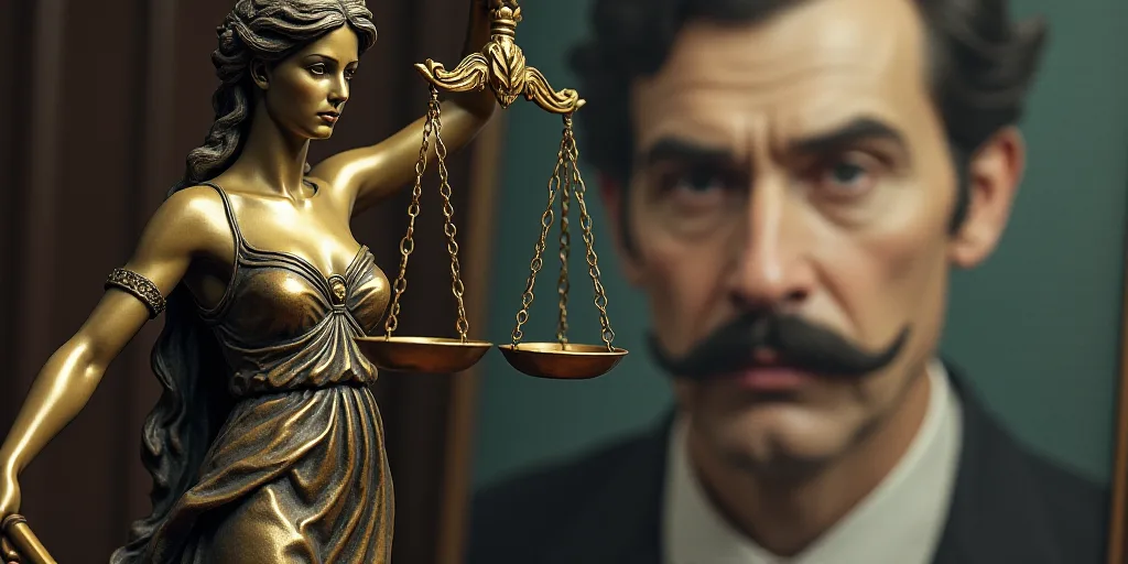 a statue of lady justice holding a scale and a poster of a man behind it with a mustache and moustac