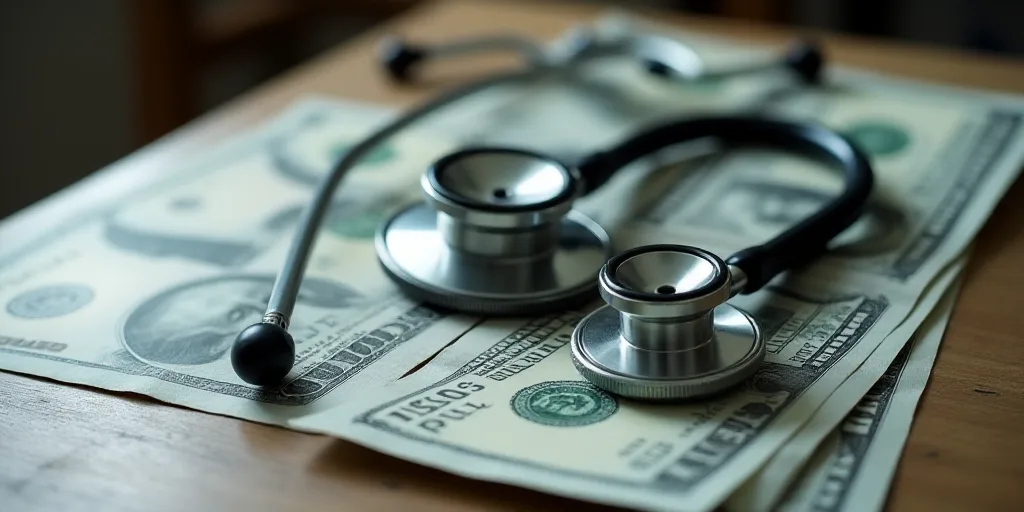 a stethoscope on top of a pile of money on a table with a stethoscope on top of it, Andries Stock, f