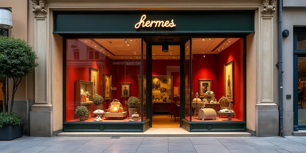 a store front with a display of items in the window and a sign that says hermes on the front, Elmyr