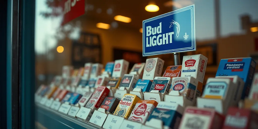 a store window with many different types of cigarettes in it's display case and a sign that says bud