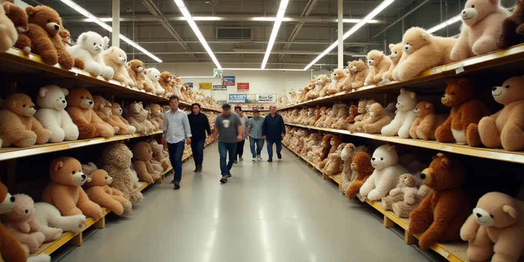 a store with a lot of stuffed animals on the shelves and people walking around the store aisles and
