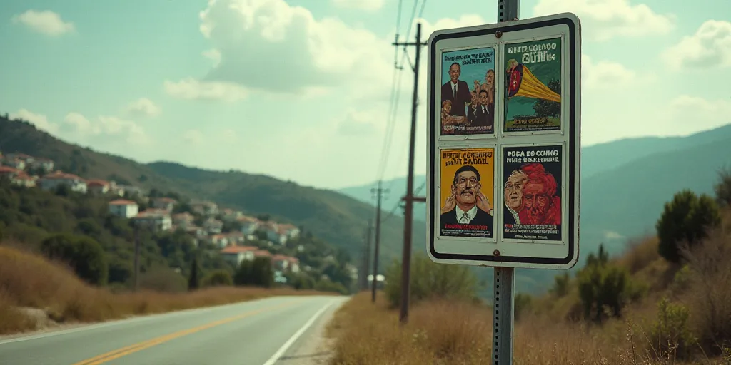 a street sign with political posters on it and a hillside in the background with houses in the backg