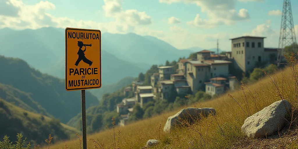 a street sign with political posters on it and a hillside in the background with houses in the backg