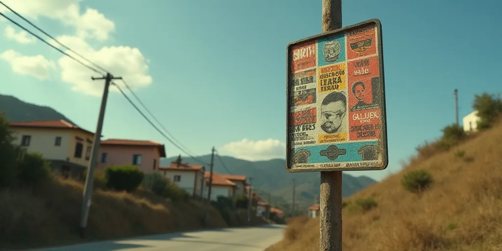 a street sign with political posters on it and a hillside in the background with houses in the backg