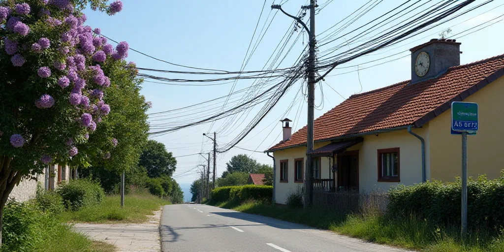 a street with a bunch of power lines and a building with a clock on it and a tree with purple flower