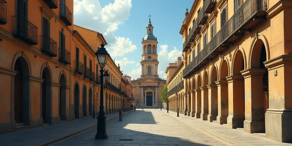 a street with a church in the background and a lamp post in the foreground and a row of buildings on