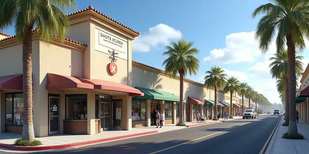 a street with palm trees and a building with a sign on it that says the shops are closed and people