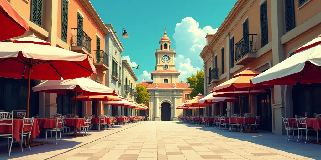 a street with tables and umbrellas on both sides of it and a building with a clock tower in the back