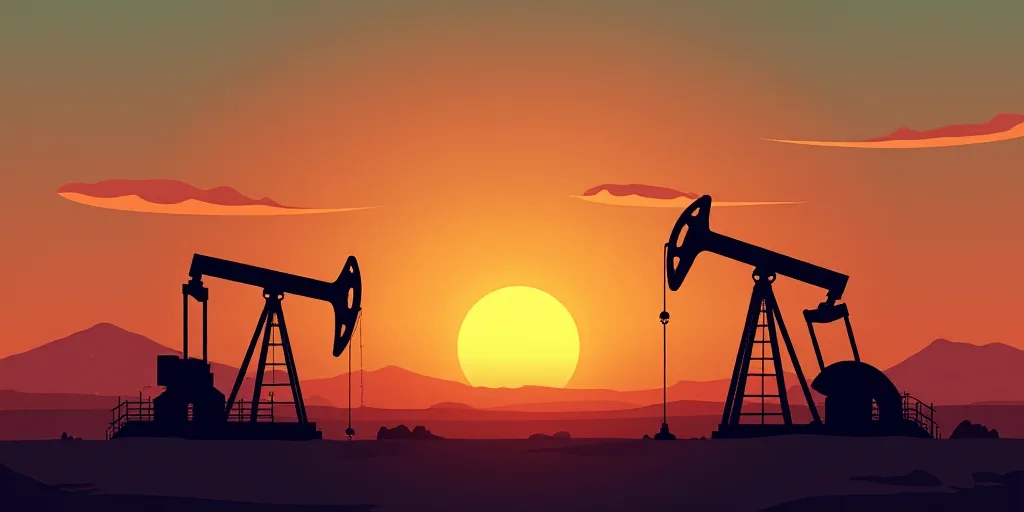 a sunset view of oil pumps in the desert with a sky background and clouds in the background, with a