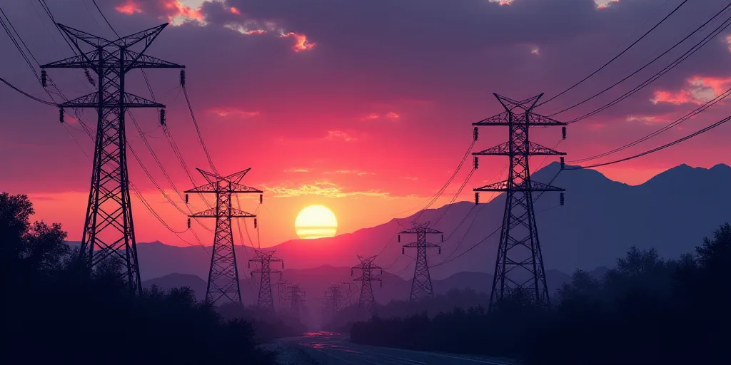 a sunset with power lines and a mountain in the background with a purple and blue sky in the backgro