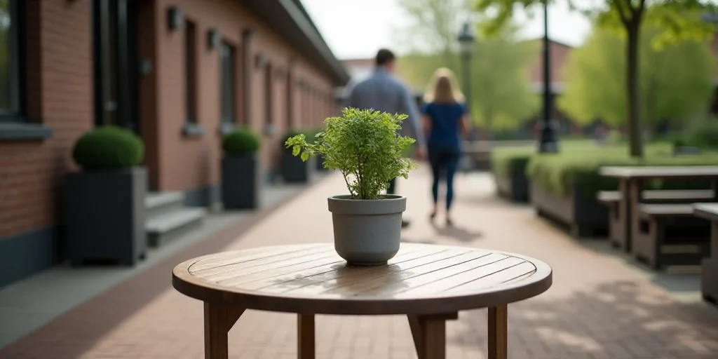 a table with a plant in a pot on it on a brick patio with people walking by in the background, Clair