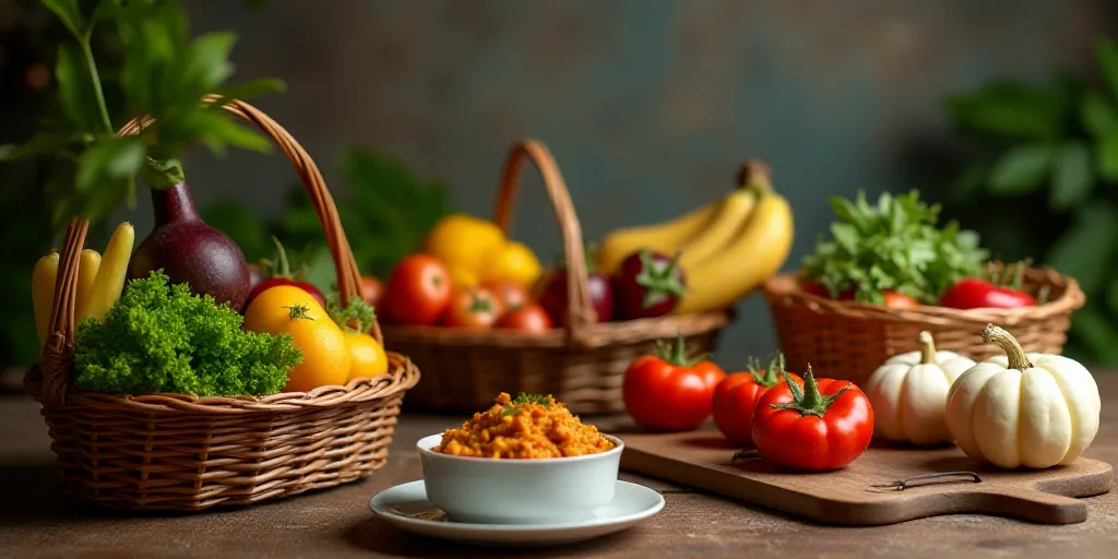 a table with food and a basket of fruit and vegetables on it and a picture of a table with food and