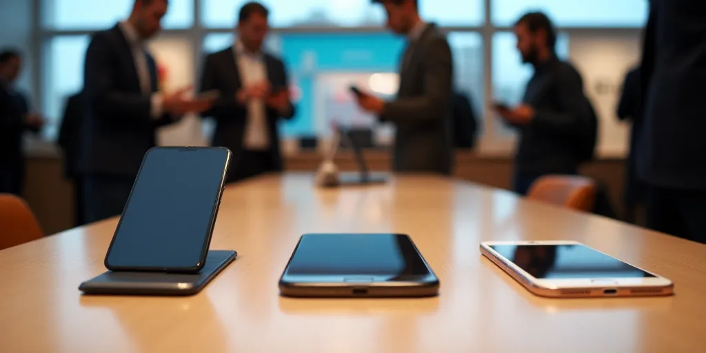 a table with three different cell phones on it and people in the background looking at them in a sto