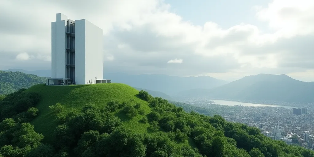 a tall building sitting on top of a lush green hillside next to a city under a cloudy sky with mount
