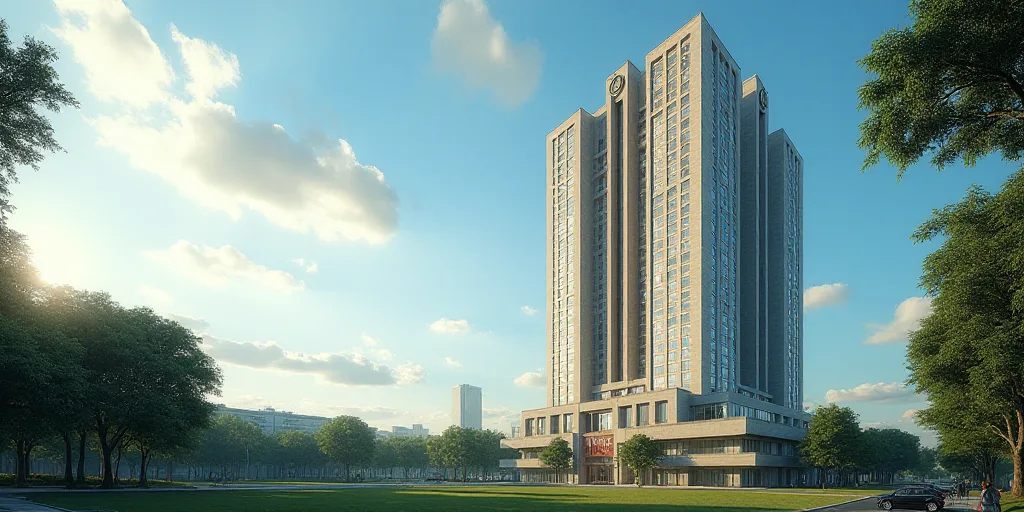 a tall building with a clock on top of it's side and a sky background with trees in the foreground,