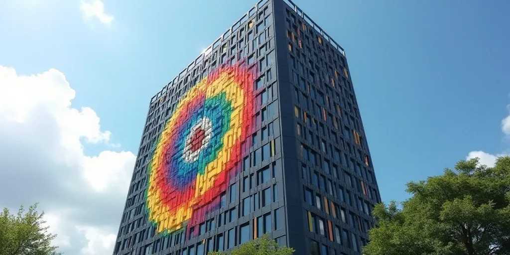 a tall building with a colorful logo on it's side and a clock on the side of it, Edi Rama, toy, a st