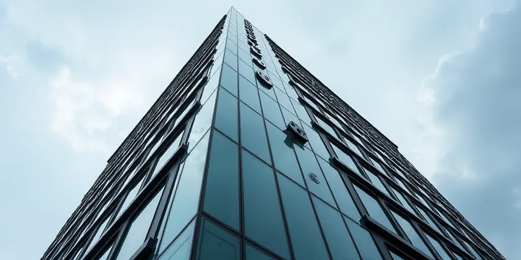 a tall building with a glass front and a sign on the side of it that says the company on the side of