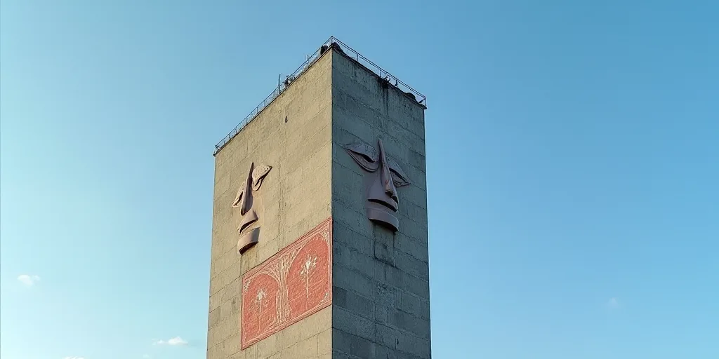 a tall building with a sign on the side of it's face in front of a blue sky, Andreas Gursky, grotesq