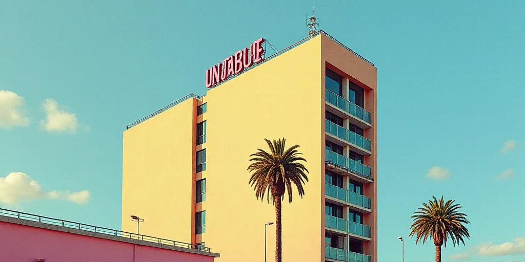 a tall building with a sign on top of it's side and palm trees in front of it, Carles Delclaux Is, s
