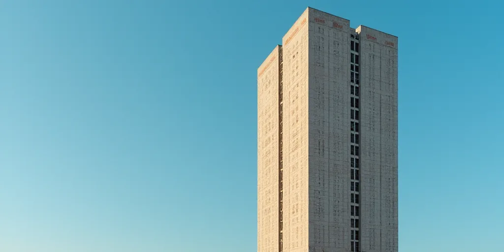 a tall building with a sign on the side of it's face in front of a blue sky, Andreas Gursky, grotesq