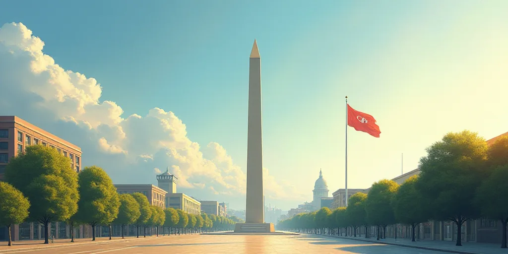 a tall obelisk in a city with a flag flying in the wind and a building in the background, Emiliano P