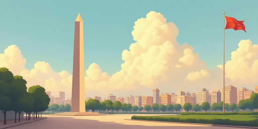 a tall obelisk in a city with a flag flying in the wind and a building in the background, Emiliano P