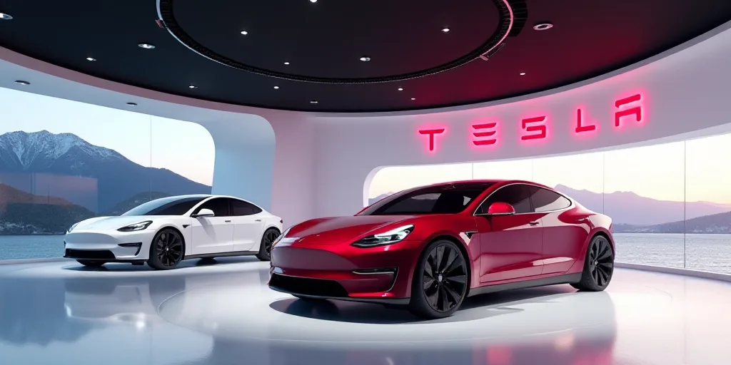 a tesla showroom with two cars on display and a tesla logo on the wall above them and a tesla logo a