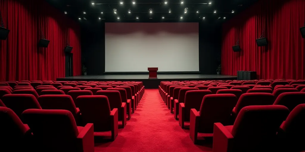 a theater with rows of seats and a podium with a projector screen in the background and a door to th