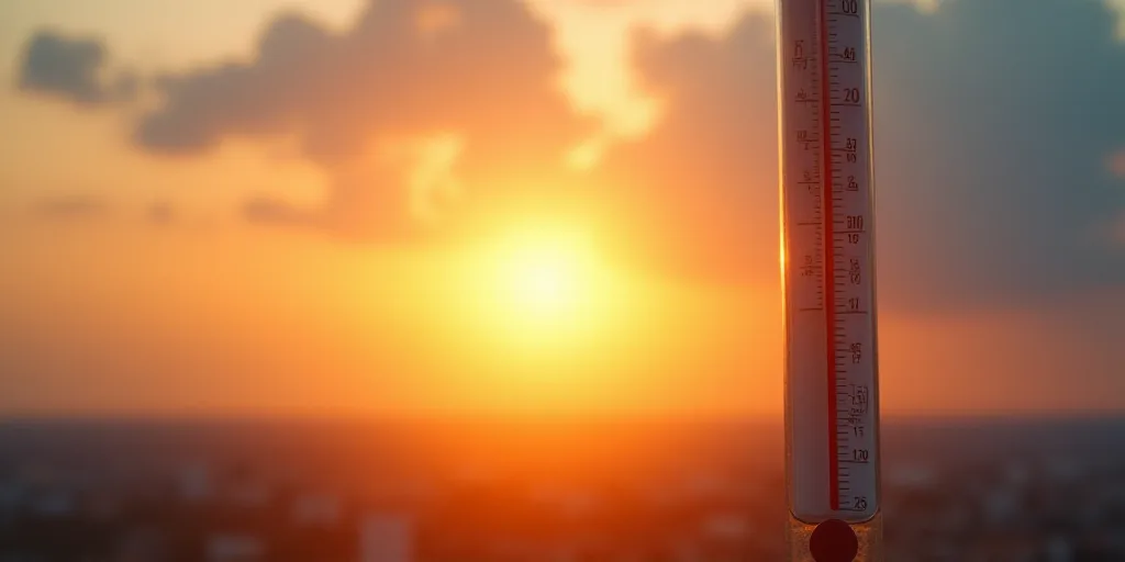 a thermometer is shown in front of a bright sun in the sky with clouds in the background, Andries St