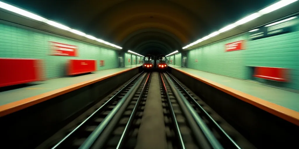 a train is moving down the tracks in a subway station with red barriers and a sign that says no stop
