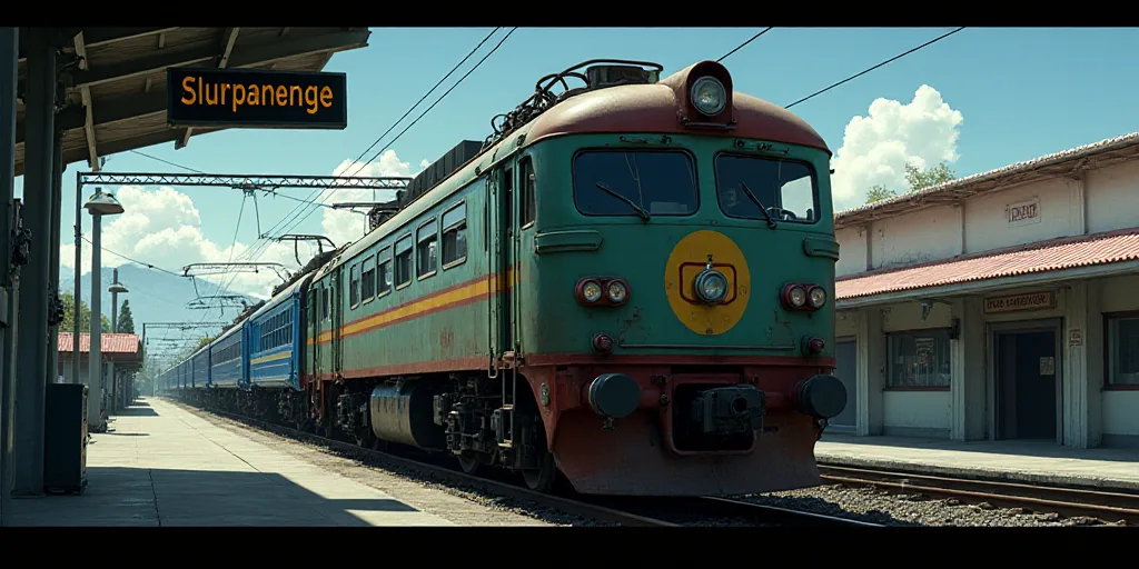 a train is parked at a train station with a sign above it that says, el surpanenge, Federico Uribe,